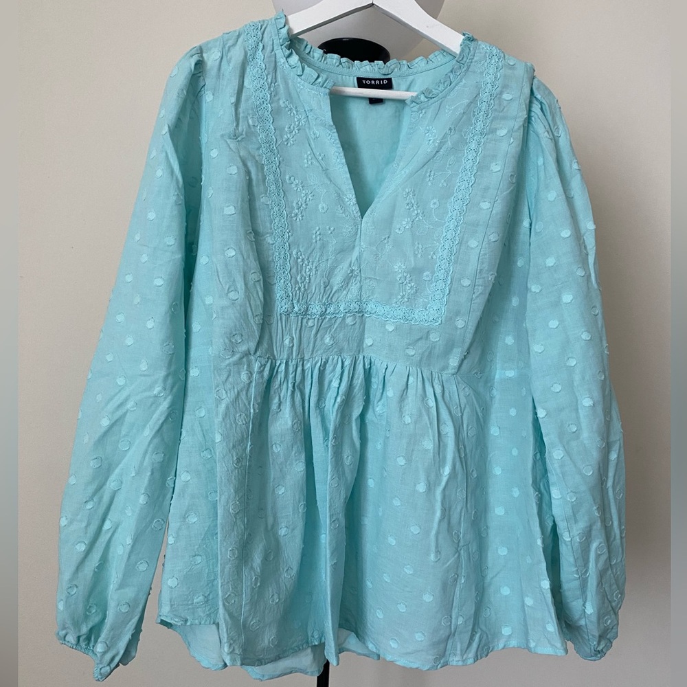 Torrid Aqua Swiss Dot Blouse V-Neck Lace Trim Long Sleeve Plus Size 1X